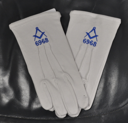 White Gloves - Bespoke Lodge Gloves with Square & Compasses and Number - Click Image to Close